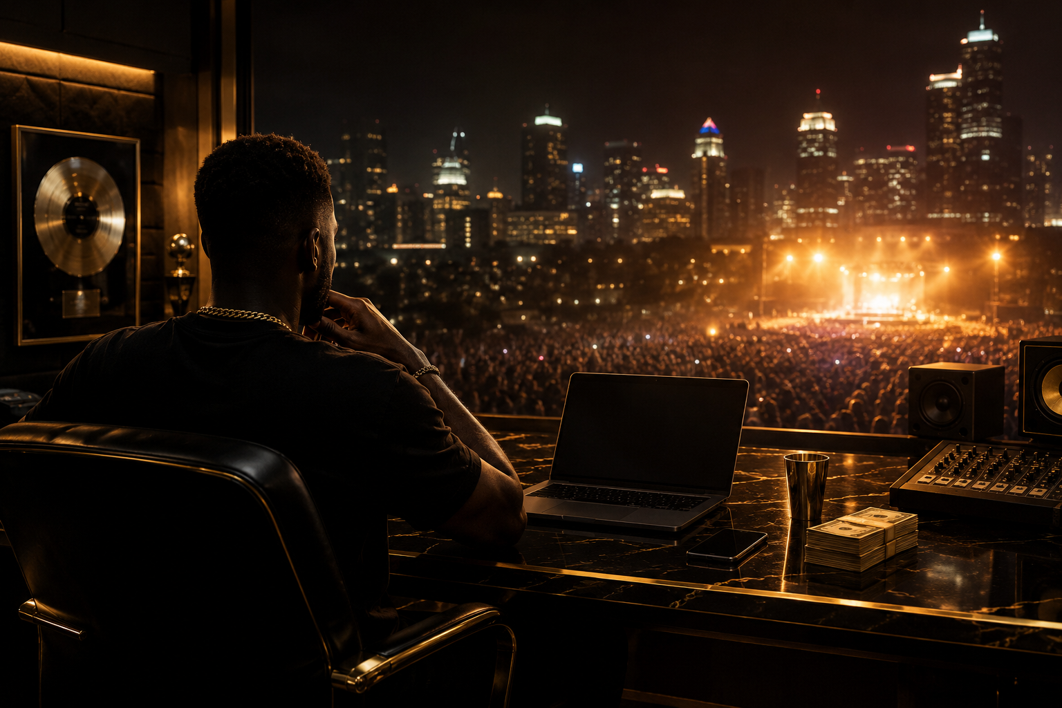 Artist on stage looking out over a packed crowd